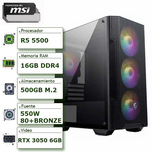PC POWERED BY MSI - AMD RYZEN 5 5500A52016GB500GB M2 NVMERTX 3050GABINETE MSIFUENTE BRONZE