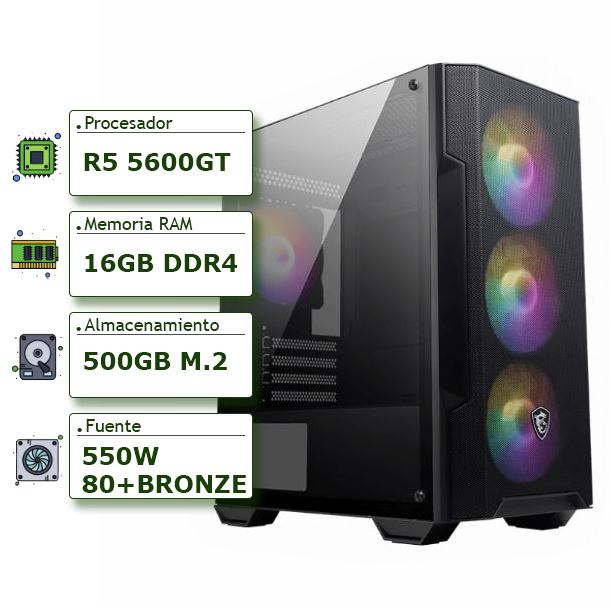 PC POWERED BY MSI - AMD RYZEN 5 5600GTA52016GB500GB M2 NVMEGABINETE MSIFUENTE CERTIFICADA