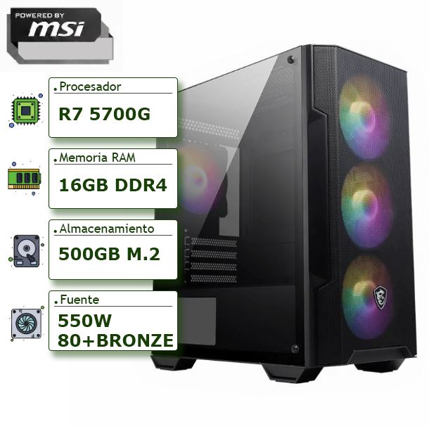 PC POWERED BY MSI - AMD RYZEN 7 5700GA52016GB500GB M2 NVMEGABINETE MSIFUENTE CERTIFICADA